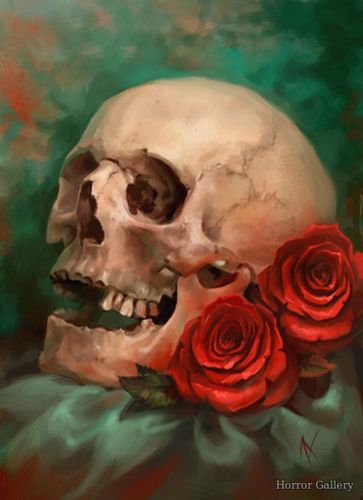 Человеческий череп с двумя розами